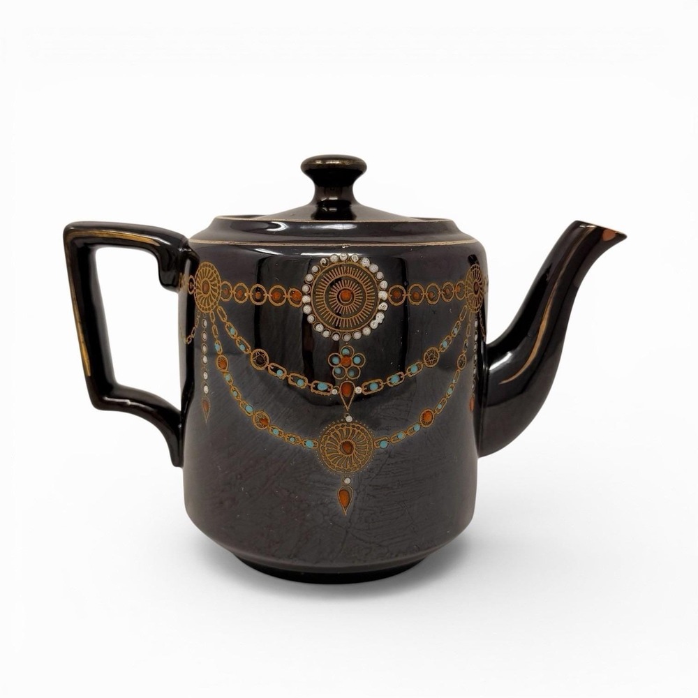 Vintage English Teapot Black Glaze Hand Painted‎ Made in England